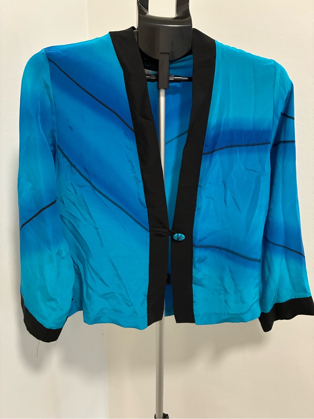 Women's Blue Ombre Open-Front Blazer with Black Trim